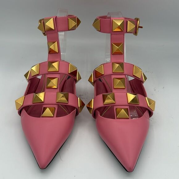 Valentino Roman Stud Leather Ankle Strap Flat Pink IT 37/ US 7 - Picture 3 of 14
